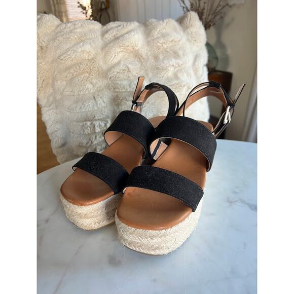 NWOT American Eagle Black Suede Chunky Jute Platform Wedge Sandals - Picture 3 of 8